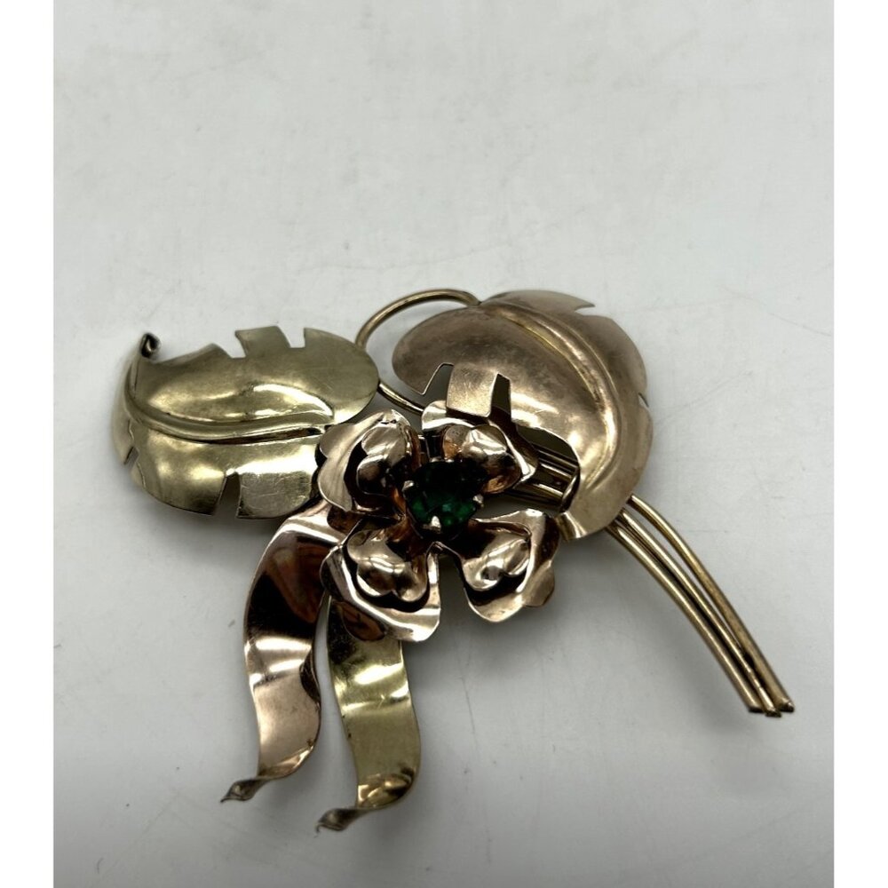 Vintage Signed ISKIN Flower Brooch Pin Stamped 1/20 10K Gold Filled Emerald Gree
